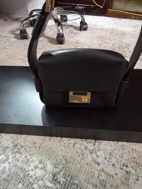 AllSaints Black Leather Shoulder Bag with Gold Hardware